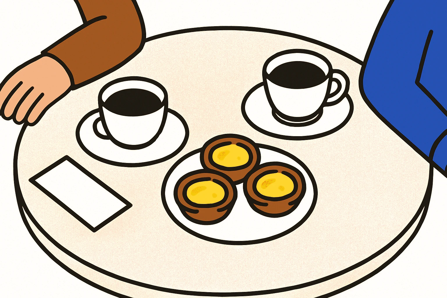 Uma pequena mesa de café com duas chávenas e pastéis de nata; uma manga sépia e uma manga azul