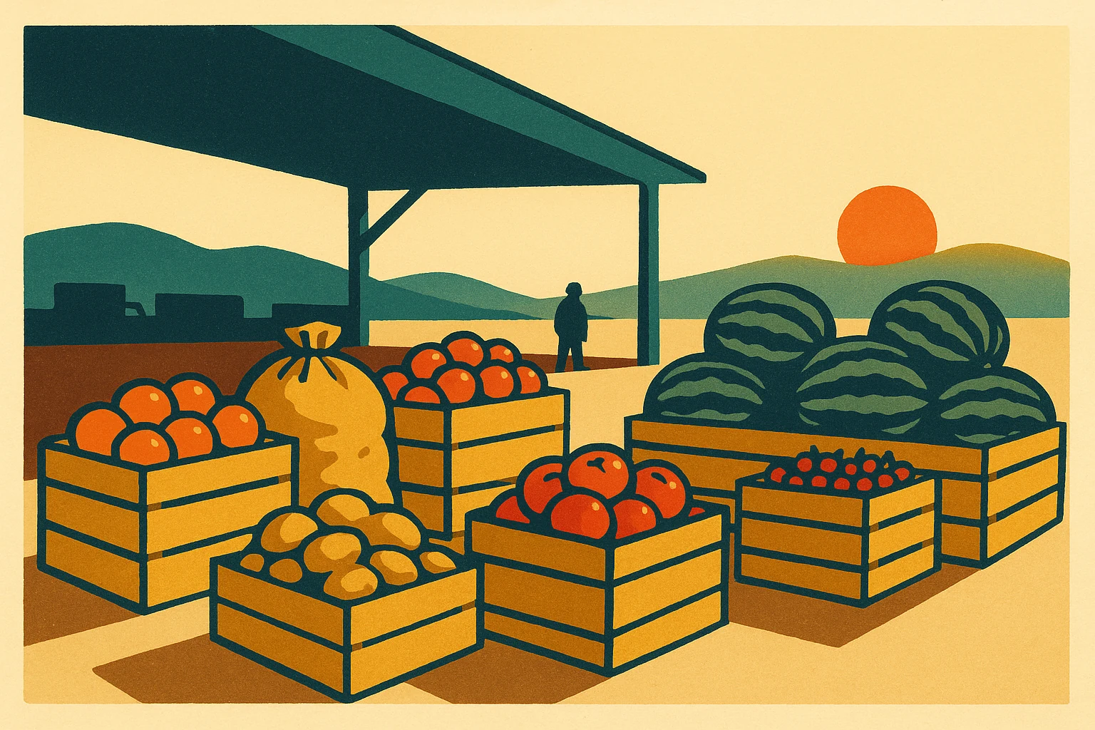 Uma cena de rótulo: caixas e paletes de fruta e legumes empilhadas debaixo de um telheiro, o sol a nascer atrás das colinas